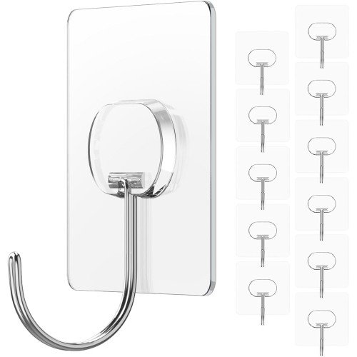 JINSHUNFA Adhesive Wall Hooks 13LB Heavy Duty No Drill Large Transparent Waterproof Hooks for Bathroom Kitchen Towel Coat 12 Pack