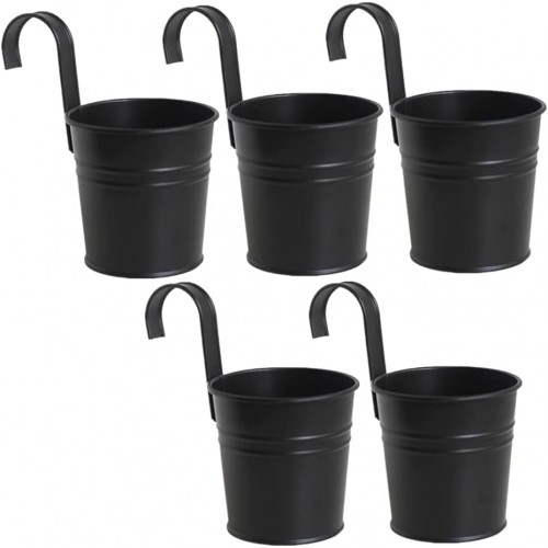 JINSHUNFA  5 Pcs Hanging Flower Pots Metal Iron Bucket Planter Pot Metal Bucket Flower Holder with Hook Indoor Outdoor Decor for Railing Fence Balcony Garden (Black)