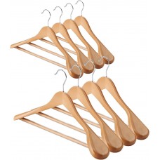 JINSHUNFA Wide Shoulder Wooden Hangers 8 Pack Coat Hangers with Non Slip Pants Bar, Heavy Duty Suit Hangers Wood Clothes Hangers with Smooth Finish 360° Swivel Hook for Sweater Jackets Shirts Natural