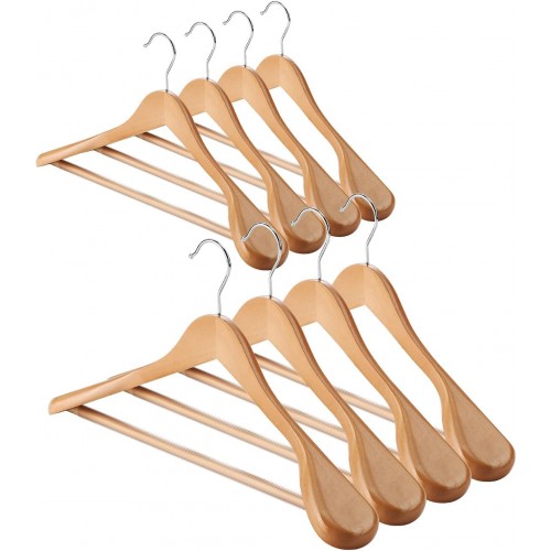 JINSHUNFA Wide Shoulder Wooden Hangers 8 Pack Coat Hangers with Non Slip Pants Bar, Heavy Duty Suit Hangers Wood Clothes Hangers with Smooth Finish 360° Swivel Hook for Sweater Jackets Shirts Natural