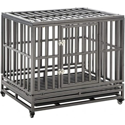 JINSHUNFA Heavy Duty Dog Crate Large Dog Cage Metal Dog Kennels and Crates for Large Dogs Indoor Outdoor with Locks, Lockable Wheels and Removable Tray, Easy to Install, Black